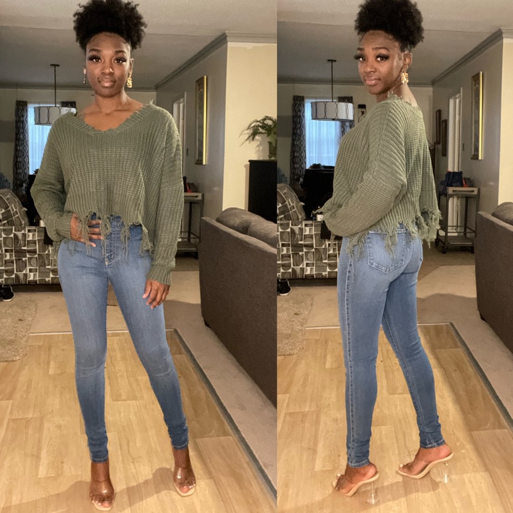 Olive green distressed sweater